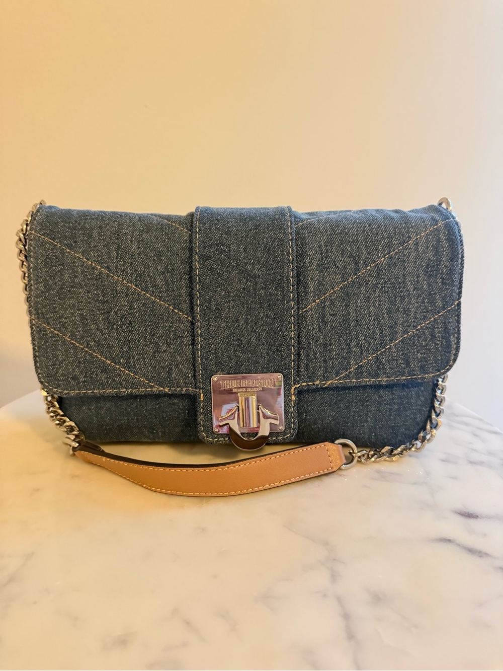 True Religion Denim Shoulder Bag with Tan Leather Strap Accent